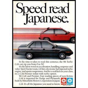 1986 Dodge Turbo Colt Hatchback and Sedan Vintage Print Ad Speed Read Wall Art